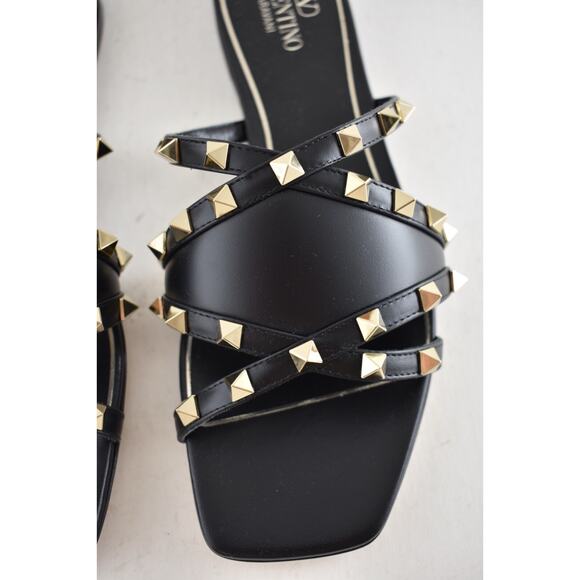 Valentino Rockstud Crisscross Strap Leather Black Slide Slip On Flat Sandal 40 - Picture 9 of 16